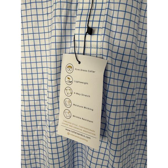 NWT Collars & Co Blue Grid Dress Collar Polo Shirt Men’s Medium 4-Way Stretch - Picture 4 of 9